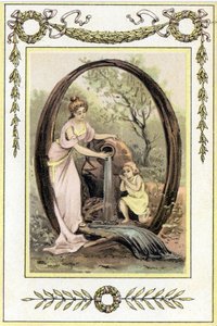 Letter Q Representing a Mother and Her Son Drinking Water from the Spring, Late 19th Century (chromolithograph)