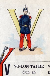 Letter V as a volunteer. Military alphabet. Imaging of Epinal, circa 1870-1880. Stencil-coloured woodcuts by French School