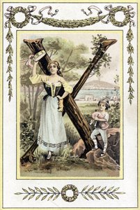Letter representing a mother with a timpani and her son as a shepherd with a bagpipe, late 19th century (chromolithograph) by French School