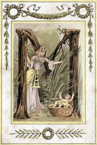 Letter representing an Egyptian mother finding an abandoned child (Moses saves waters), late 19th century (chromolithograph) by French School