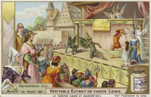 Liebig card featuring a representation of a medieval mystery by French School