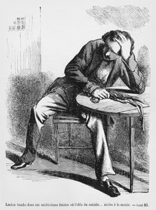 Lucien de Rubempre thinking of suicide, illustration from Splendors and Miseries of Courtesans by Honore de Balzac, published 1867