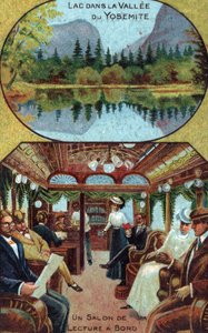 Tourist on Luxury Cruise Reading in the Ship Private Library, View of a Lake of the Yosemite Valley, California