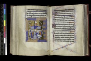 Matins, Virgin and Child seated between two vases on bench (above); Betrayal of Christ, with Judas kissing Christ, and St Peter cutting off Malchus’ ear (below), from the Psalter and Hours of Isabella of France, Paris, c.1265-70 by French School