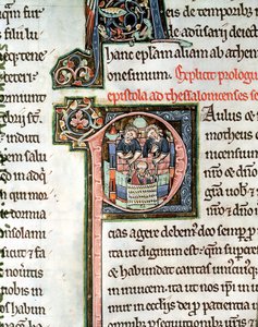 The Escape of Saint Paul from Damascus, illuminated initial letter P, 13th century, from the Avranches Bible by French School