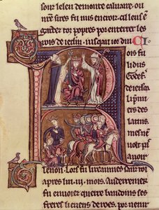 Historiated Initial R Depicting King Baldwin I of Flanders Being Crowned as the Latin Emperor in 1204 and His Generosity Towards a Turkish Woman Sending Her Child Off by French School