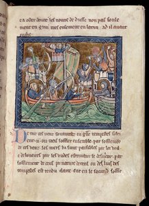 Page of text with illumination of a sea battle, from De Re Militari, c.1270