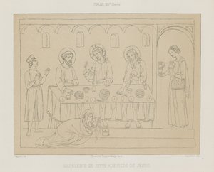 Madeleine throws herself at the feet of Jesus by French School