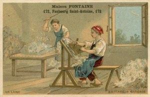 Maison Fontaine trade card, threshing and carding by French School