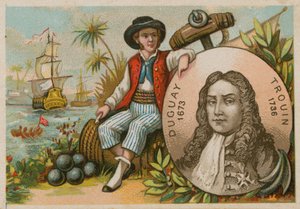 Man in Brazil holding portrait of Duguay-Trouin by French School