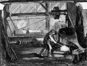 Manufacture of rifle cannons: the iron strips are red blank. Engraving in “Le Monde Illustré” n°35 of 12 December 1857.