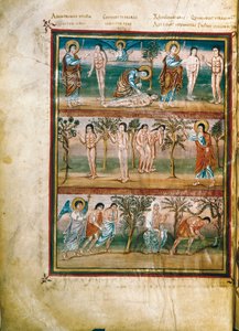 Manuscript page representing episodes from the life of Adam and Eve: creation of Adam and Eve. The original sin. Expulsion from Paradise by French School