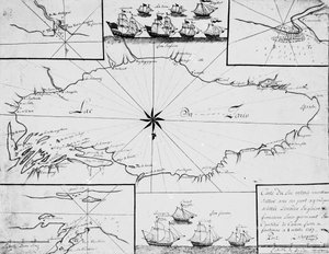 Map of Lake Ontario with the English and French fleets by French School