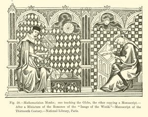 Mathematician Monks; one teaching the Globe, the other is copying a Manuscript by French School