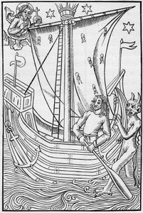 Merchant ship of the Middle Ages amidst the perils of the sea by French School