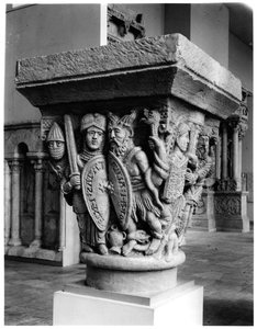 Mercy against Avarice, capital depicting the Fight of the Vices against the Virtues, from the church of Notre-Dame-du-Port, Clermont-Ferrand (plaster cast from stone) by French School