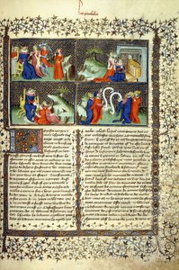 Miniature illustrating the Judgement of the Mothers, the Arrival of the Queen of Sheba, Solomon Teaching, and the Disputation of the Doctors, c.1410