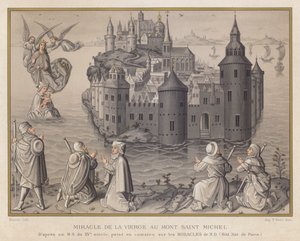 Miracle of the Virgin at Mont Saint Michel, from a 15th-century manuscript, painted in camaieu on the Miracles of Our Lady, National Library of Paris by French School