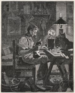 Modern Application by a Shoemaker of the Pila Vitrea. Glass Globe Filled with Water to be Placed Between a Person and the Object They Contemplate to Enlarge it and Make it More Visible. Engraving from 1885 in 