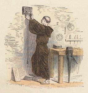 Monk using a clock to tell the time by French School