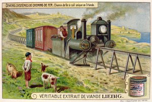 Monorail train in Eire, promotional advertising card for Veritable Extrait de Viande Liebig by French School