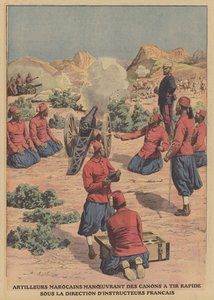 Moroccan artillerymen firing rapid fire cannons under the guidance of French military instructors by French School