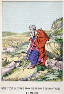 Moses sees the promised land from the top of Mount Nebo and dies - in “Life of Moses”, ed. Olivier Pinot, Epinal, late 19th century by French School