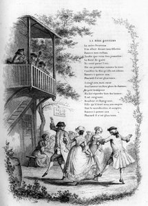 Mother Bontems (Bontemps). Dance of young couples in a village with musicians on the balcony. Engraving in Chants et chansons populaire de la France, Tome 2