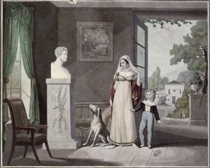 Mother and Son Crying Before the Bust of a Dead Soldier by French School