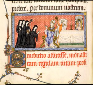 The Presentation of an Abbess, from the Metz Pontifical, written for Raymond Bar, Bishop of Metz, 1302-16 by French School