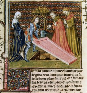 Lancelot lifts the stone off his own predestined grave and learns his name and parentage, from the Livre de Messire Lancelot du Lac