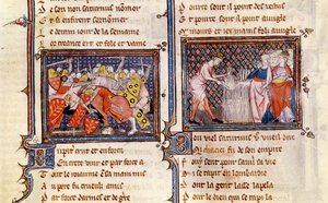Jupiter versus Saturn: Saturn teaching the Lombards how to use a sickle, from Ovide Moralise by French School