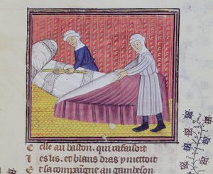 Chastity and Poverty making a bed, from Le Roman des Trois Pelerinages by Guillaume de Digulleville by French School