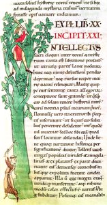 Historiated initial I depicting a monk and a lay chopping and pruning a tree, from Moralia in Job by Pope Gregory the Great by French School