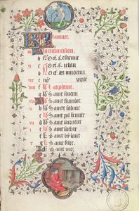 January: Aquarius and a Man Warming Himself at a Hearth, from a Book of Hours by French School