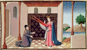 Lady Philosophy offers to Boethius the wings that will enable his mind to fly aloft