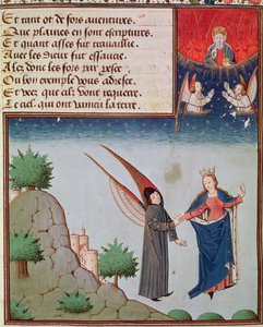 Lady Philosophy leads Boethius in flight into the sky on the wings that she has given him; God the Father looks on in blessing