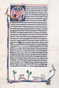 Historiated initial O depicting the ancient Greek philosopher Aristotle, teaching a group of clerics from Western Europe and pointing upwards towards God in the heavens