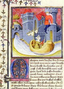 Knight escaping from a castle with the help of a lady, from the Livre de Messire Lancelot du Lac by French School
