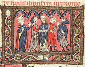 A marriage, illustration from the commentaries of Johannes Andreae on papal Decretals