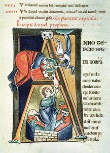Historiated initial A depicting Daniel in the Lions Den, from the Bible de Saint-Sulpice de Bourges