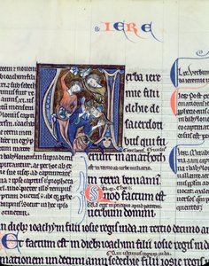 Historiated initial V depicting the stoning of the prophet Jeremiah