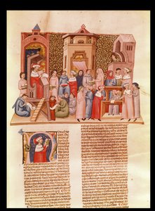 A lesson at university and a historiated initial N depicting a master, from Novela Super Sexto by Jean Andre