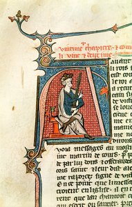 Historiated Initial A Depicting a Seated King Holding a Double-Edged Sword