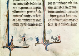 A Man Driving his Donkey Carrying Bags of Wheat to a Windmill, from Obituaire de Notre Dame de Pres, after 1270 by French School