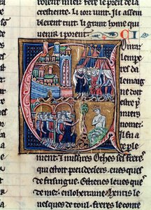 Historiated initial C depicting Conrad III Emperor of Germany and Louis VII King of France, besieging Damascus in 1148, from Histoire de Jerusalem by William of