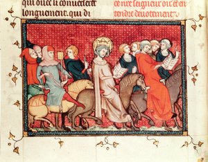 The king dictating his hours while riding a horse, from Life and Miracles of St. Louis