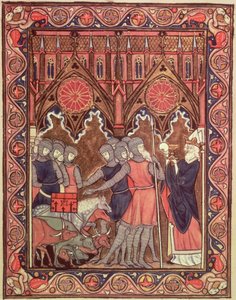 Abraham presents his prisoners and his booty to Melchizedek, from the Psalter of St. Louis, c.1258-70 by French School
