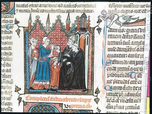Parents offering a bishop money to take their son into the abbey, 1314