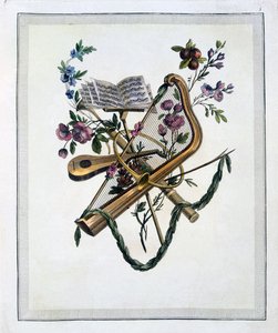 Musical instruments, from a book of engraved plates of Oppenords designs, published 1745 by French School